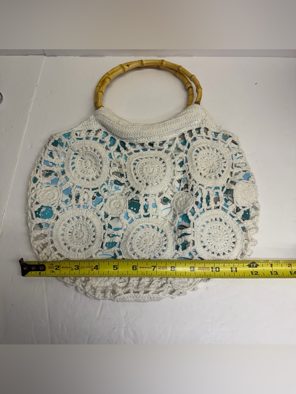 Lilu White Crochet Purse with teal and‎ gray floral underlay Bamboo Handles. - Picture 10 of 10